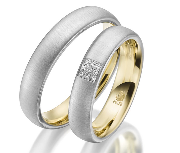 Trauring neun Diamant  je 0,005 ct H/SI  585 Weißgold außen, Gelbgold innen