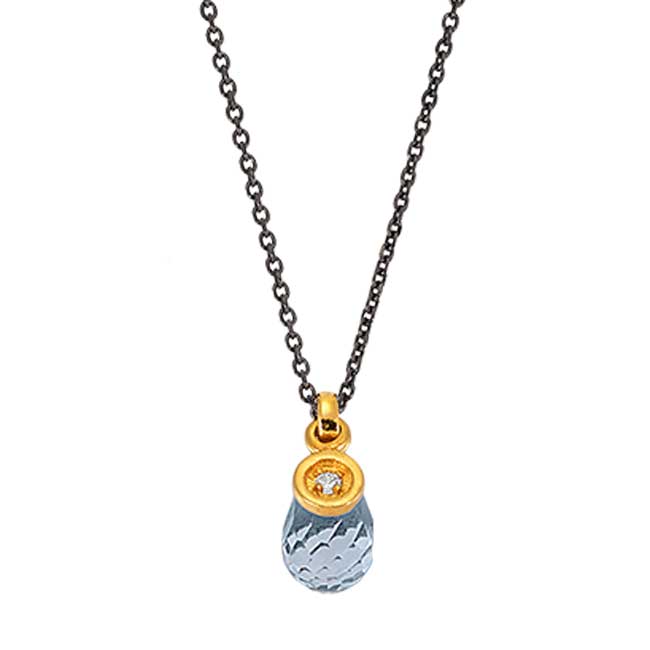 PENDANT GOLD K14-SILVER CHAIN 925 BLUE TOPAZ /DIAMOND/SI-H/0,009ct