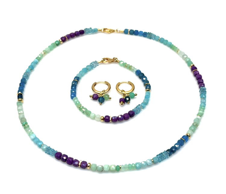 Collier silber/goldplattiert  Chrysopras,Amazonit,Phosphorsidirit,Apatit