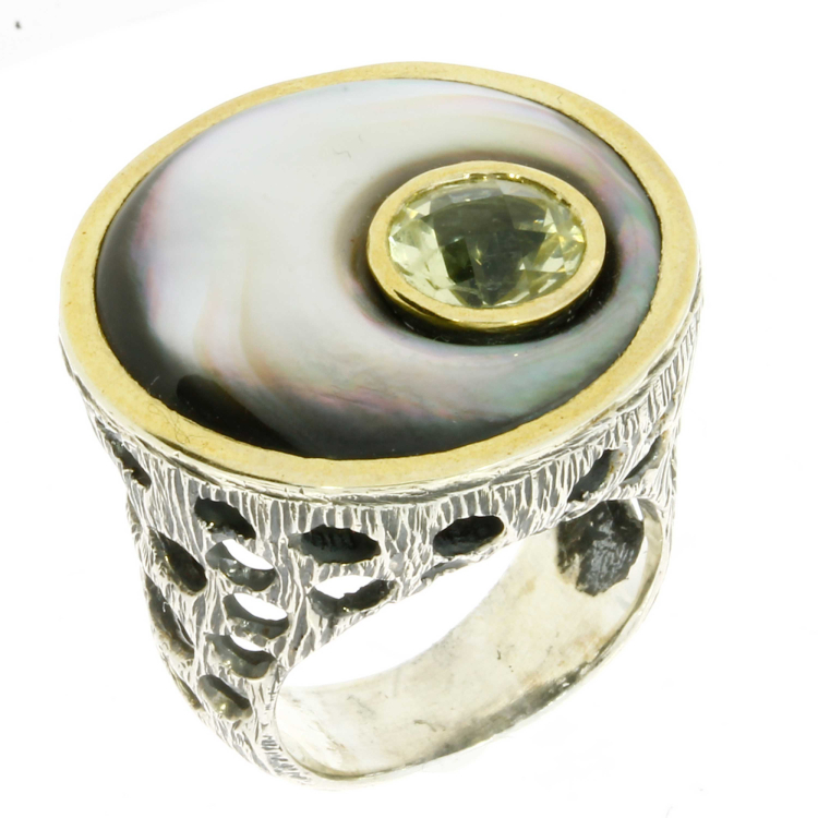 Ring silber 9 karat Gold Madreperola, golden quarz