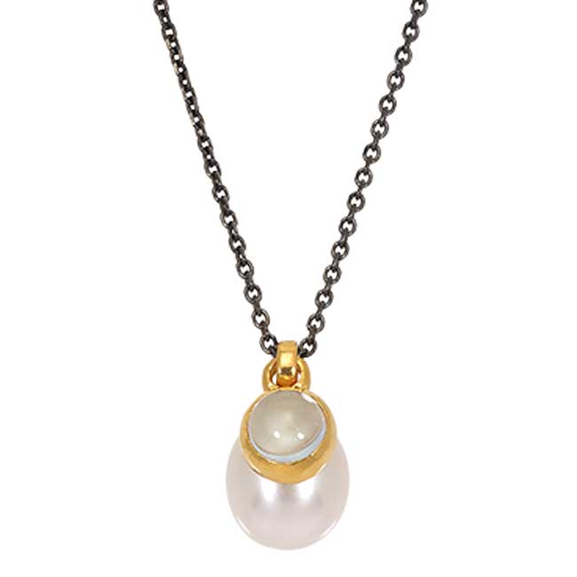 PENDANT GOLD K14-SILVER CHAIN 925 PEARL- BLUE TOPAZ