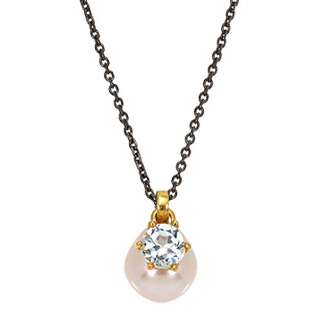 PENDANT GOLD K14-SILVER CHAIN 925 PEARL- BLUE TOPAZ