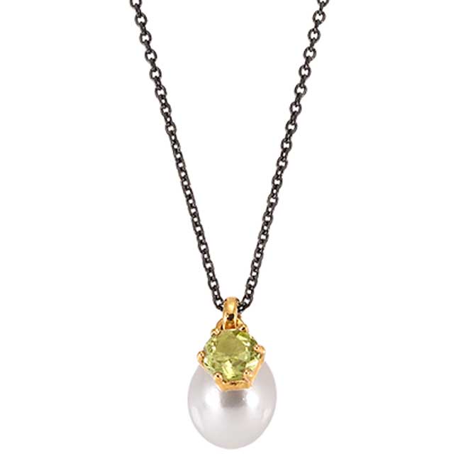 PENDANT GOLD K14-SILVER CHAIN 925 PEARL-PERIDOT