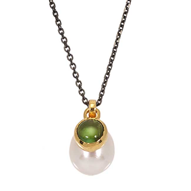 PENDANT GOLD K14-SILVER CHAIN 925 PEARL-TOURMALINE GREEN