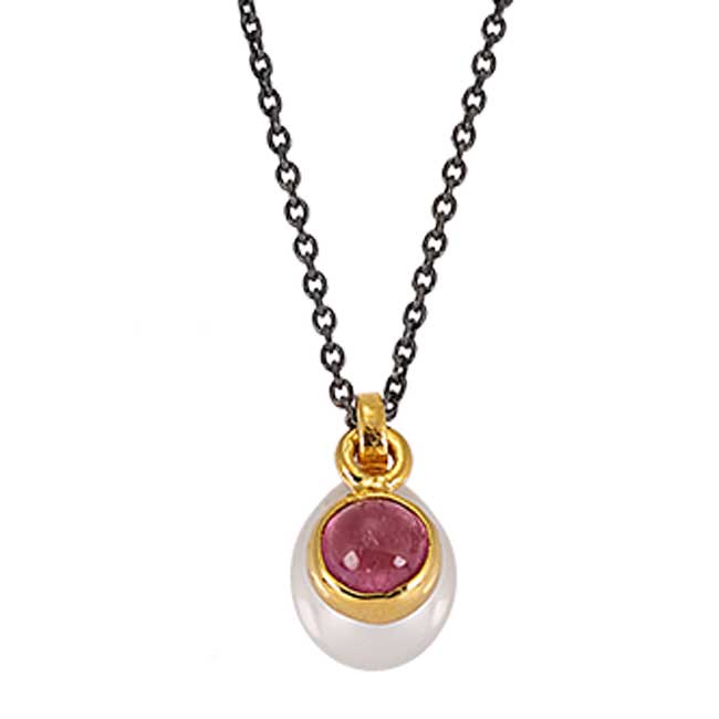 PENDANT GOLD K14-SILVER CHAIN 925 PEARL-TOURMALINE PINK 