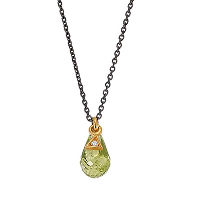 PENDANT GOLD K14-SILVER CHAIN 925 PERIDOT /DIAMOND/SI-H/0,004ct